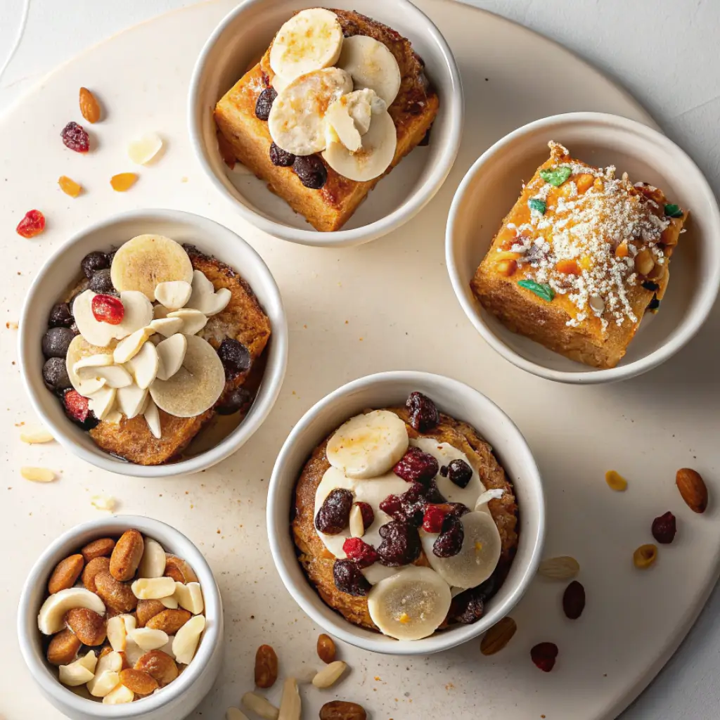 Four different Capirotada variations including traditional, coconut with condensed milk, banana and peanut, and a sprinkle-topped version. A visual tribute to the diverse ways Mexican bread pudding is made.