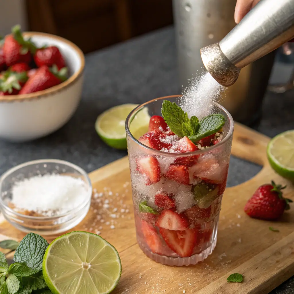 Muddling strawberries, lime, mint, and sugar to make a fresh Strawberry Mojito