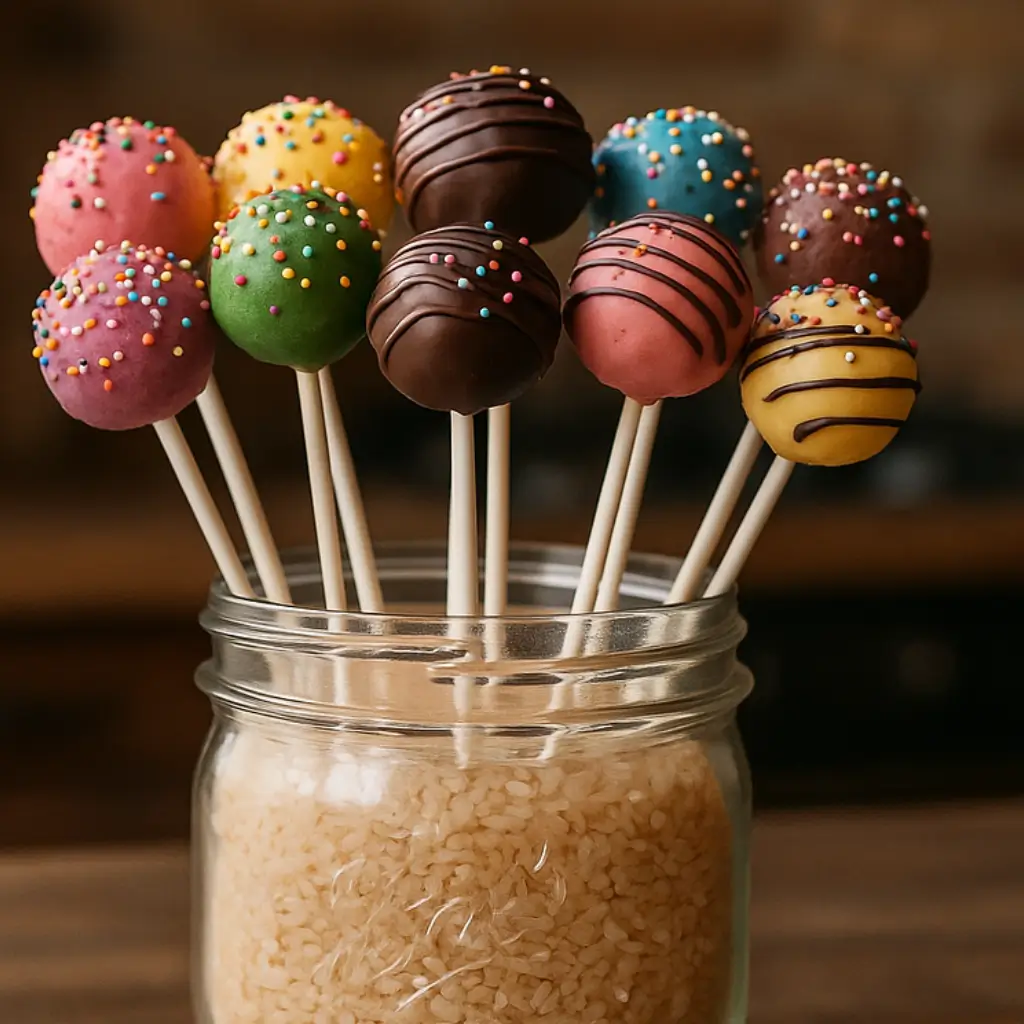 A vibrant assortment of easy cake pops in colorful coatings and sprinkles, displayed in a glass jar filled with rice.