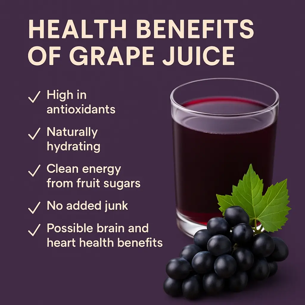 Fresh Concord and black grapes beside a glass of homemade grape juice, representing natural antioxidants and health benefits of fresh grape juice.
