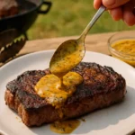 Cowboy Butter being spooned over a grilled steak on a white plate with grill tongs and sauce bowl nearby in a sunny backyard setting.