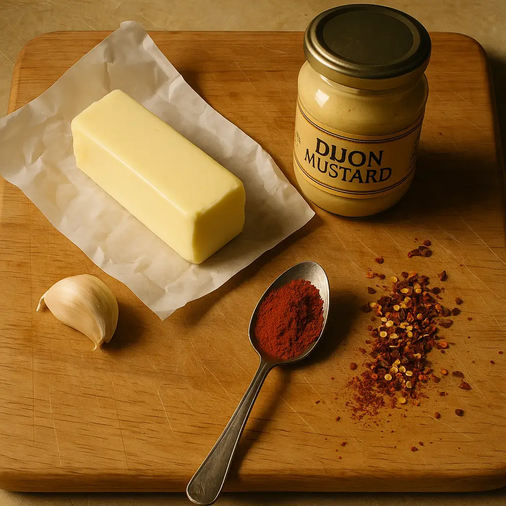 Overhead view of cowboy butter ingredients on cutting board – unsalted butter, fresh garlic, Dijon mustard, smoked paprika, chili flakes