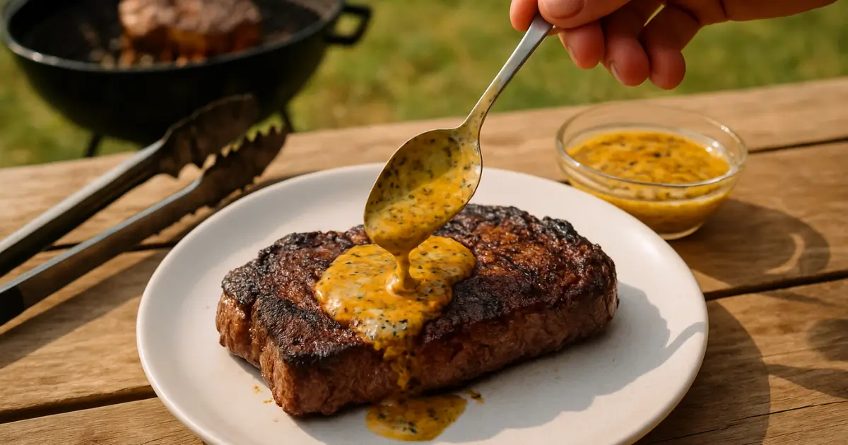 Cowboy Butter being spooned over a grilled steak on a white plate with grill tongs and sauce bowl nearby in a sunny backyard setting.