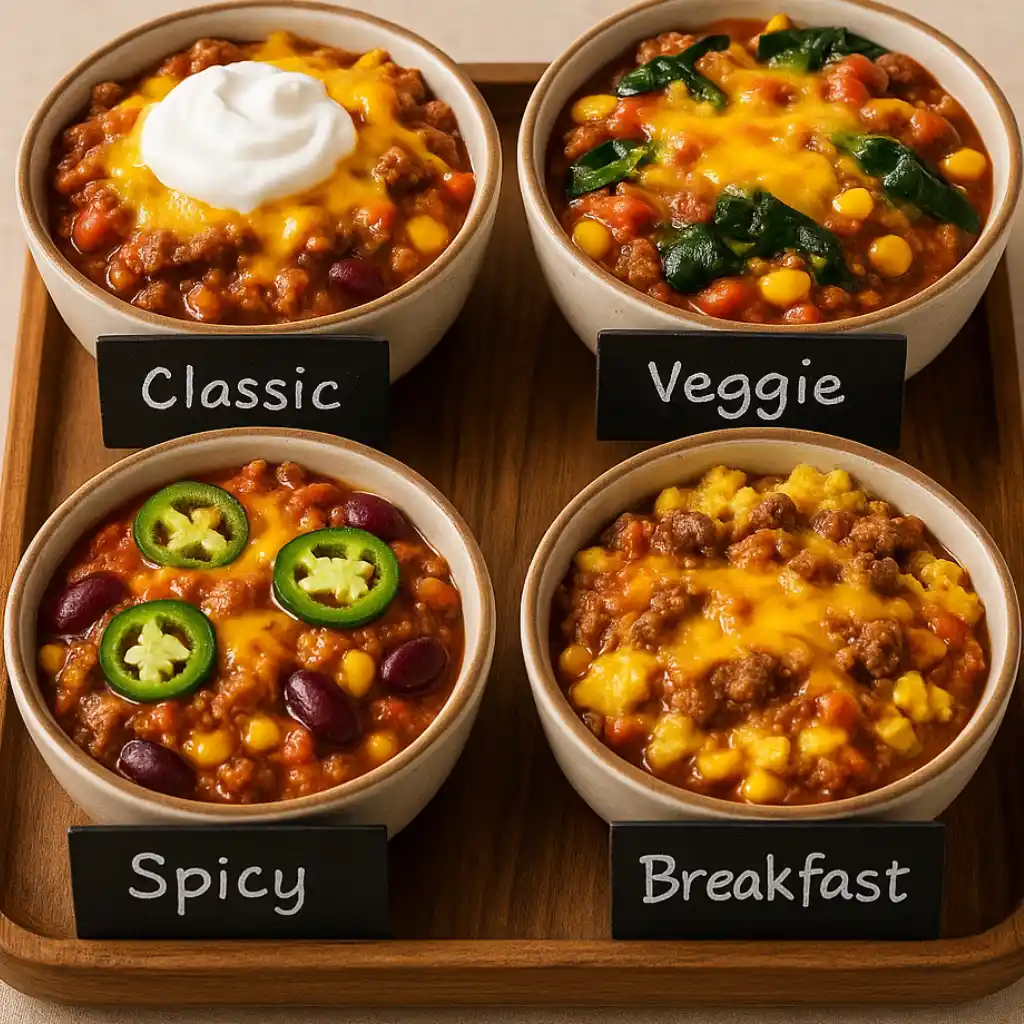 Four labeled bowls of cowboy casserole showcasing recipe variations—Classic with sour cream, Veggie with spinach, Spicy with jalapeños, and Breakfast with scrambled eggs and sausage.