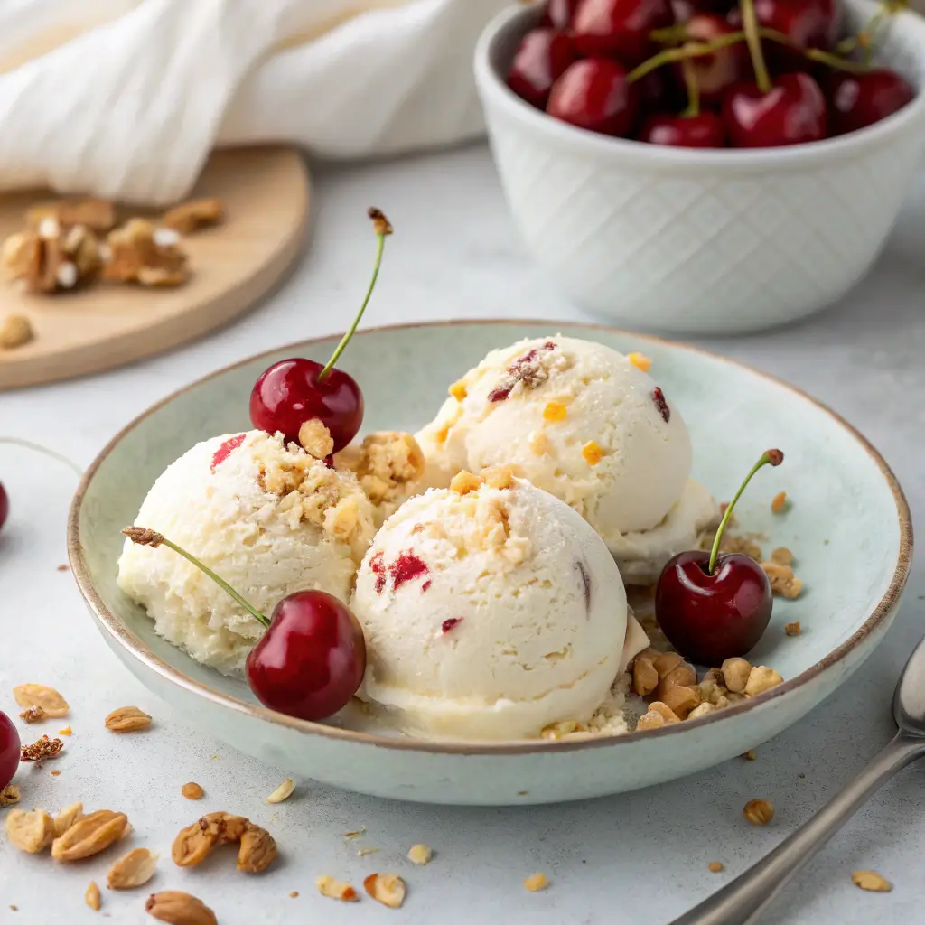 Scoops of easy homemade ice cream with cherries and granola, styled for a no-churn 2 ingredient ice cream recipe without an ice cream maker.