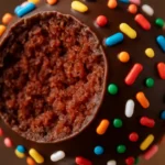Close-up of chocolate-covered easy cake pops with colorful sprinkles and a bite taken out to reveal moist chocolate cake inside.