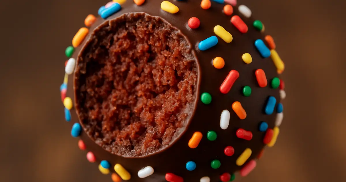 Close-up of chocolate-covered easy cake pops with colorful sprinkles and a bite taken out to reveal moist chocolate cake inside.