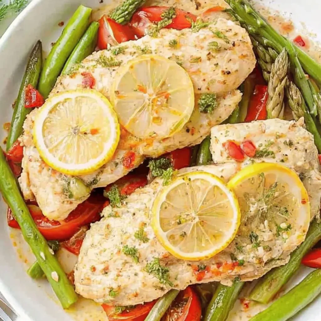 Lemon-topped baked rockfish fillets served with asparagus and red bell peppers