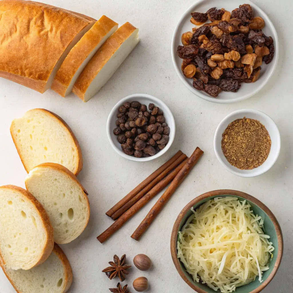 Flat-lay of traditional Capirotada ingredients including bolillo bread, piloncillo cones, cinnamon, cloves, cheese, and raisins. Each item represents symbolic meaning in this Mexican Lenten bread pudding.