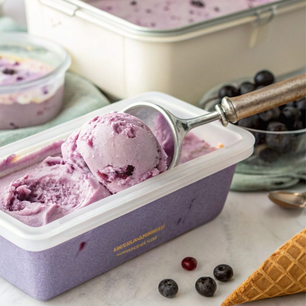 Freezer-safe container with creamy grape ice cream recipe, showing proper homemade ice cream storage with lid and scoop on a clean kitchen surface.