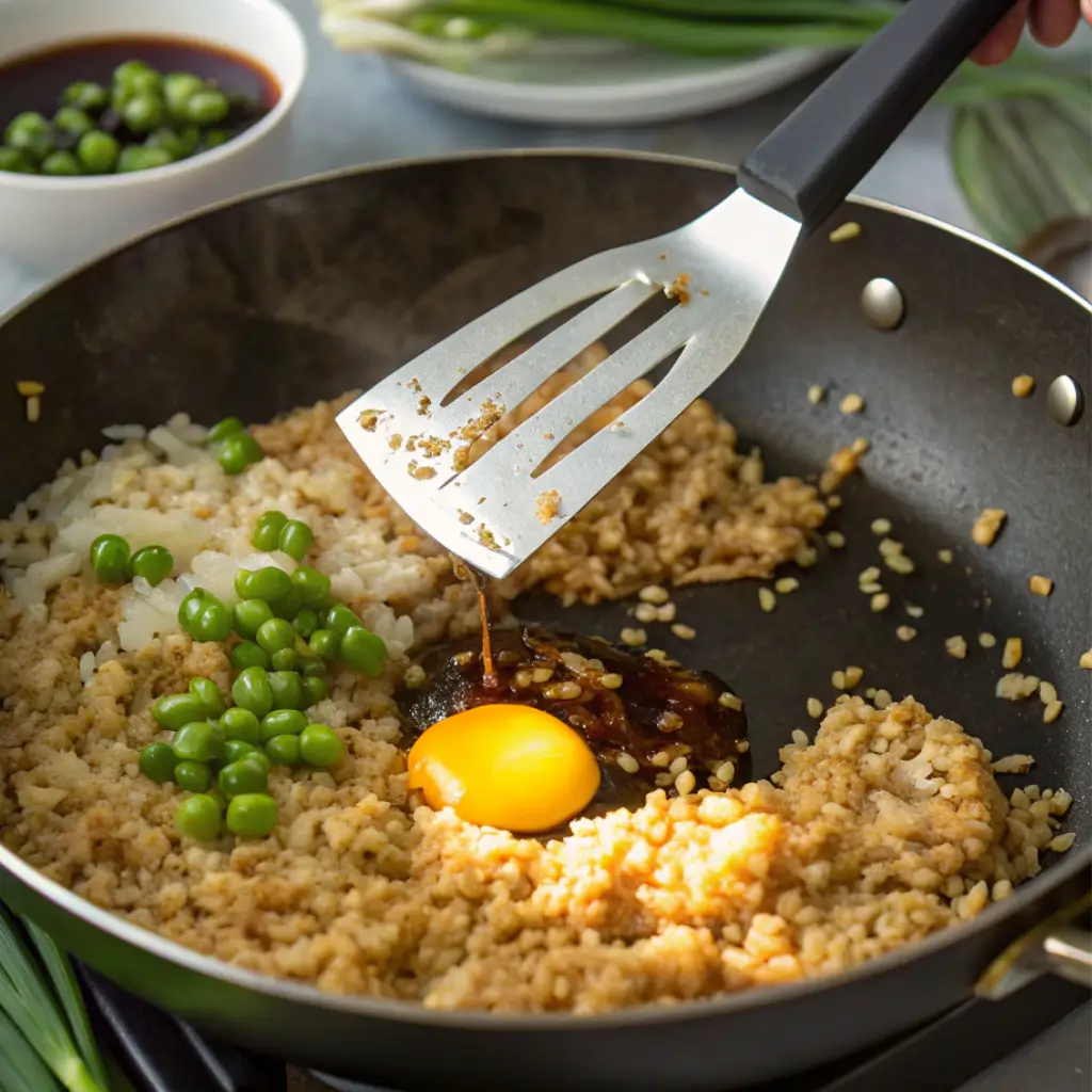Fried rice for homemade hibachi chicken cooking in a skillet with soy sauce, egg, garlic, and green peas — key ingredients in Benihana-style hibachi recipes