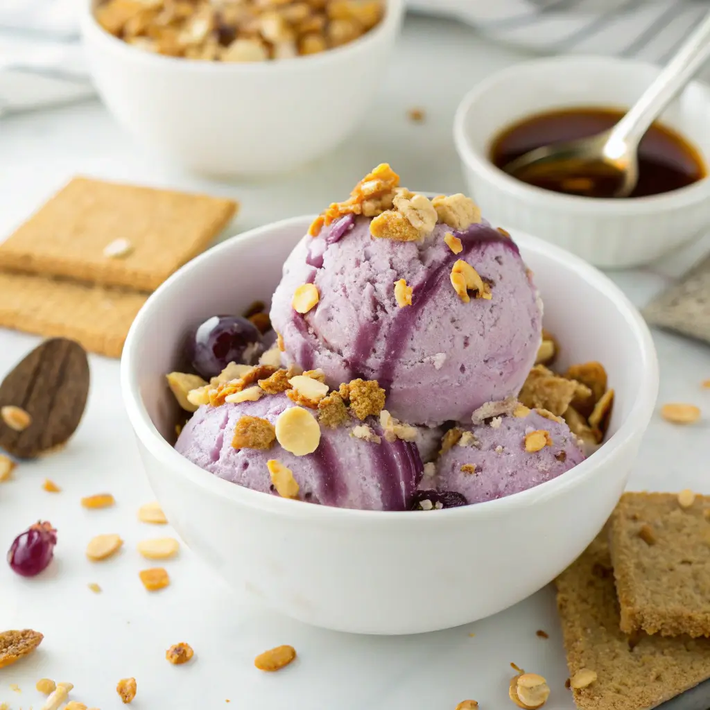 Grape ice cream recipe served with toppings like shortbread crumbles, toasted almonds, grape jelly swirls, and honey on a white kitchen surface.