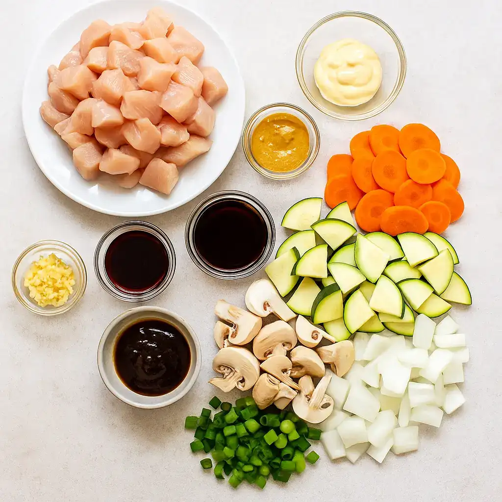 Top-down view of raw diced chicken, vegetables, garlic, soy sauce, hoisin, sesame oil, and mustard sauce — all ingredients for homemade hibachi chicken.
