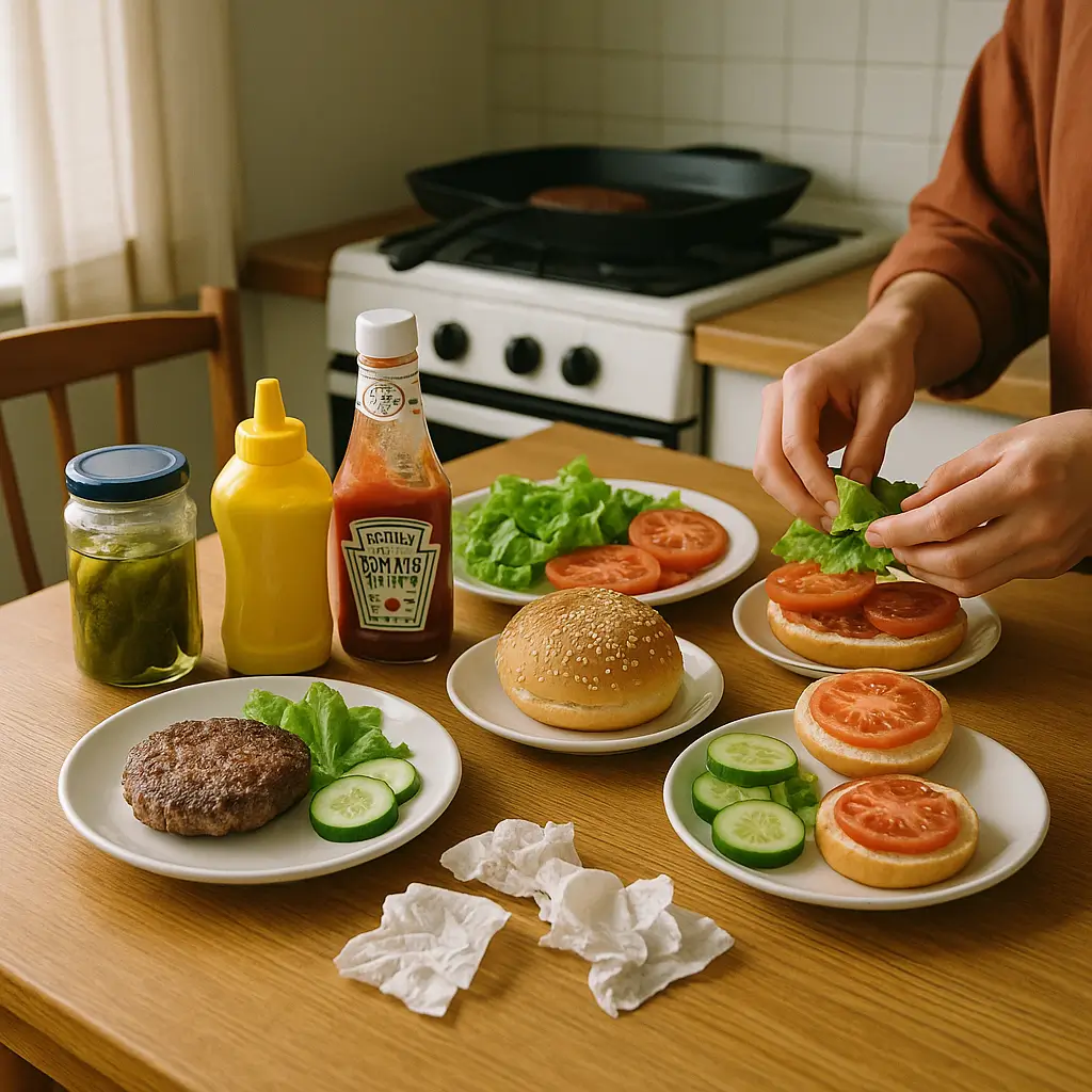 Casual home kitchen setup showing ingredients and tools for making a homemade Whopper, with natural light and slight clutter