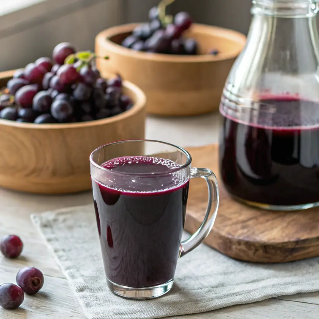 A glass mug of homemade Concord grape juice beside a jug and bowl of fresh grapes on a wooden surface in a rustic kitchen setting.