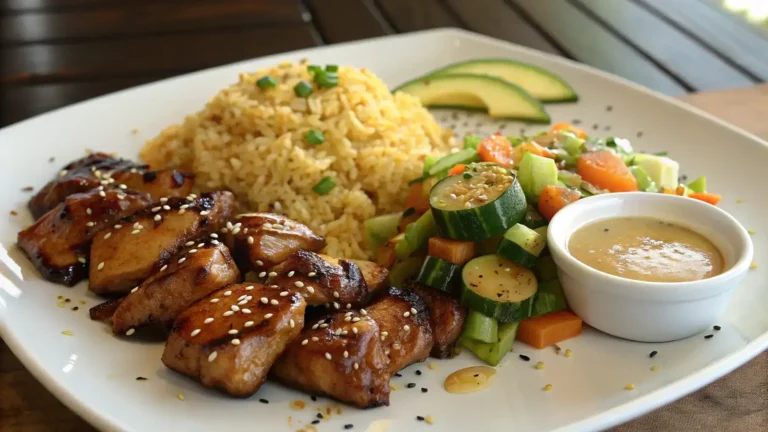 Better-Than-Benihana Hibachi Chicken (No Grill Needed!) A plate of homemade hibachi chicken served with fried rice, sautéed vegetables, and mustard dipping sauce, styled like Benihana hibachi.