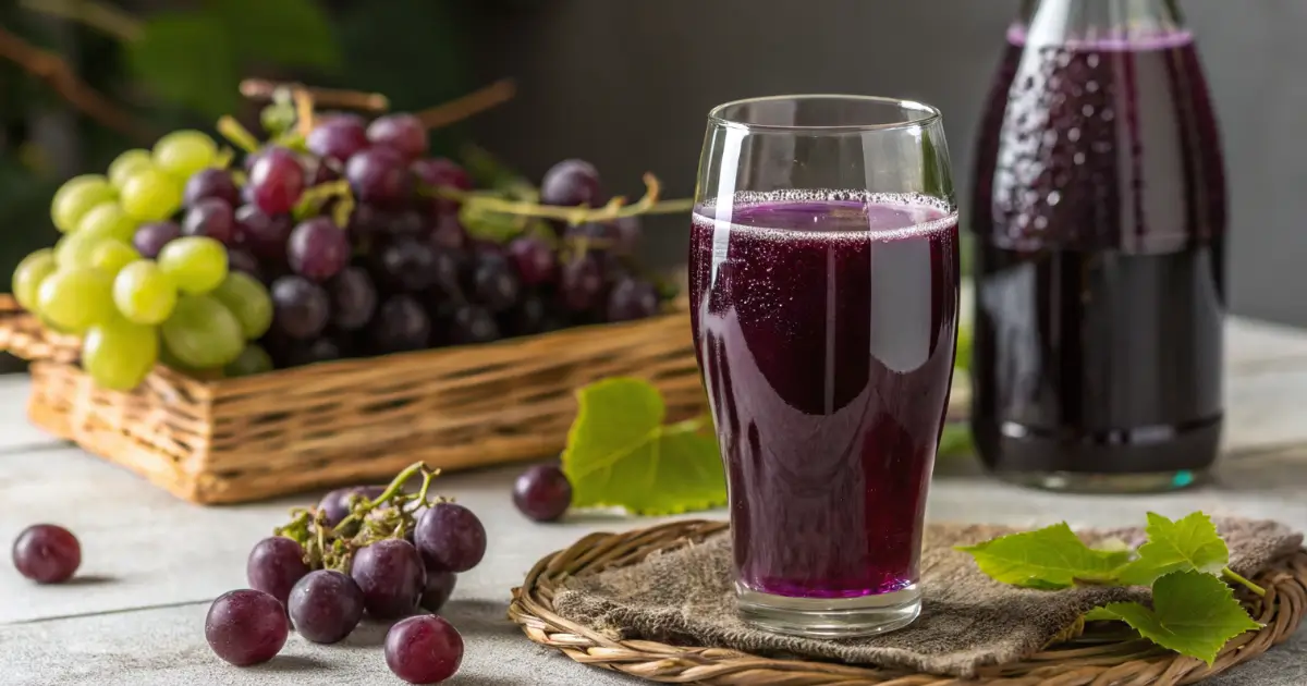 Glass and bottle of homemade grape juice with Concord and green grapes on a light surface.