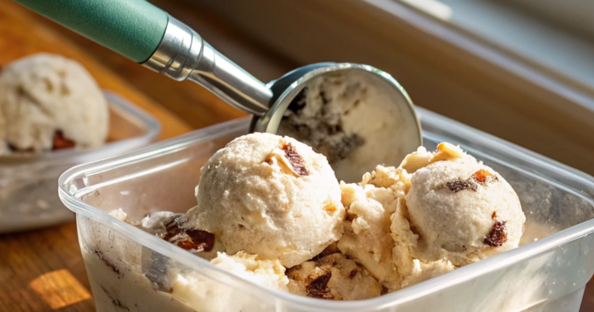 Homemade grape nut ice cream with creamy vanilla base and crunchy cereal bits being scooped from a freezer-safe container in natural light.
