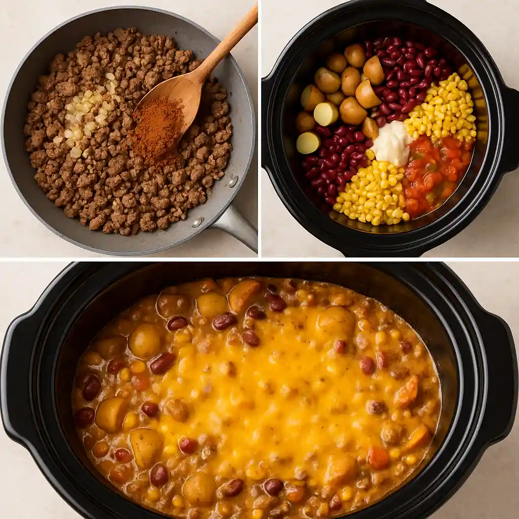 Three square photos showing cowboy casserole cooking steps: browning beef with seasoning, layering ingredients in a slow cooker, and the cheesy final cooked casserole.