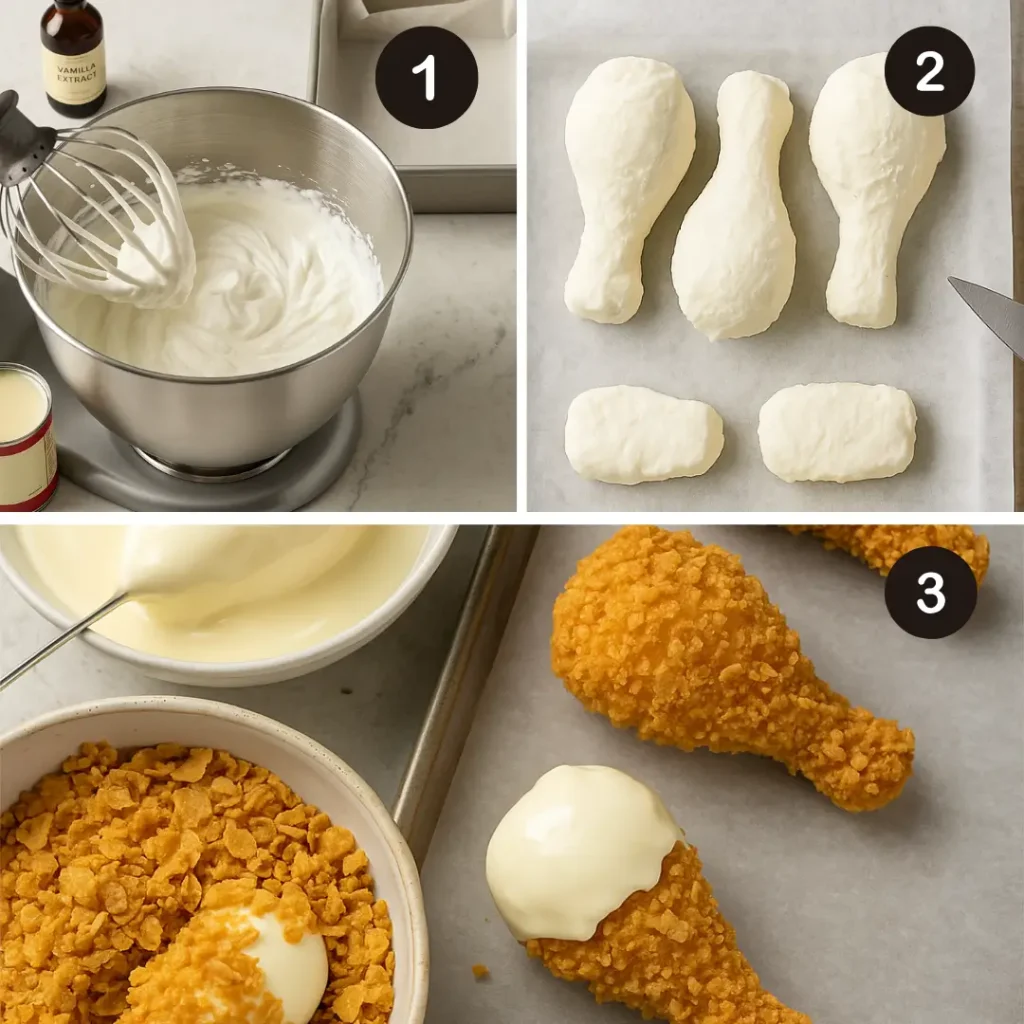 Step-by-step collage showing how to make fried chicken ice cream: whipping the vanilla base, shaping it into drumsticks, and coating in cornflakes and white chocolate.