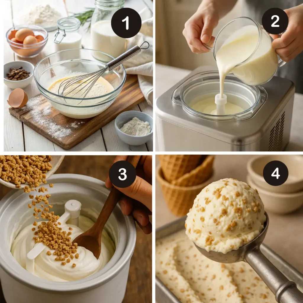 Step-by-step process of making homemade Grape Nut Ice Cream mixing vanilla base, pouring into ice cream maker, adding crunchy Grape Nuts cereal, and scooping the finished Caribbean ice cream.