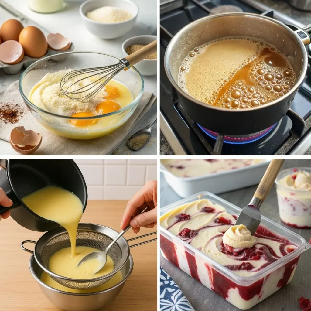 Step-by-step collage showing the process of making a grape ice cream recipe — from whisking egg mixture to heating, straining custard, and the final swirl with grape sauce in a freezer container.