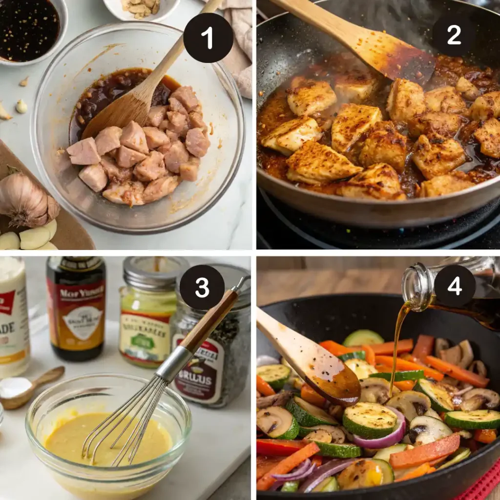 Step-by-step visuals for making homemade hibachi chicken: marinating chicken in soy sauce and garlic, searing it in a skillet, whisking mustard dipping sauce, and sautéing hibachi-style vegetables with soy sauce
