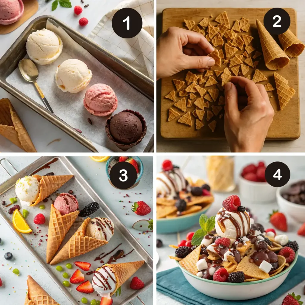 Step-by-step photo collage showing how to make ice cream nachos: scoops of ice cream on a tray, hands breaking waffle cones into chips, cones with fruit and toppings, and a bowl of finished ice cream nachos topped with chocolate syrup, berries, and marshmallows.
