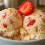 Two scoops of homemade strawberry shortcake ice cream in a blue bowl, showing a delicious serving made by following a guide on how to make ice cream without a machine.