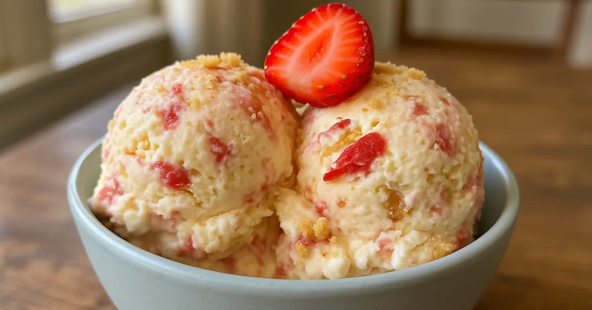 Two scoops of homemade strawberry shortcake ice cream in a blue bowl, showing a delicious serving made by following a guide on how to make ice cream without a machine.