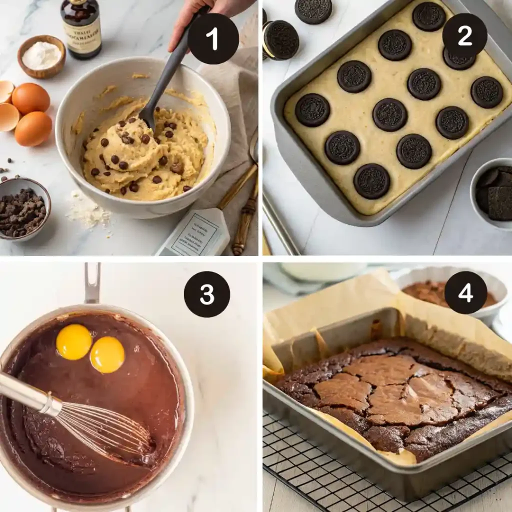 Step-by-step photo collage showing how to make slutty brownies: mixing chocolate chip cookie dough, layering Oreos in a baking pan, preparing rich brownie batter with eggs and cocoa, and the final baked triple-layer slutty brownie dessert cooling in the pan. A gooey cookie Oreo brownie recipe perfect for indulgent, homemade layered desserts.