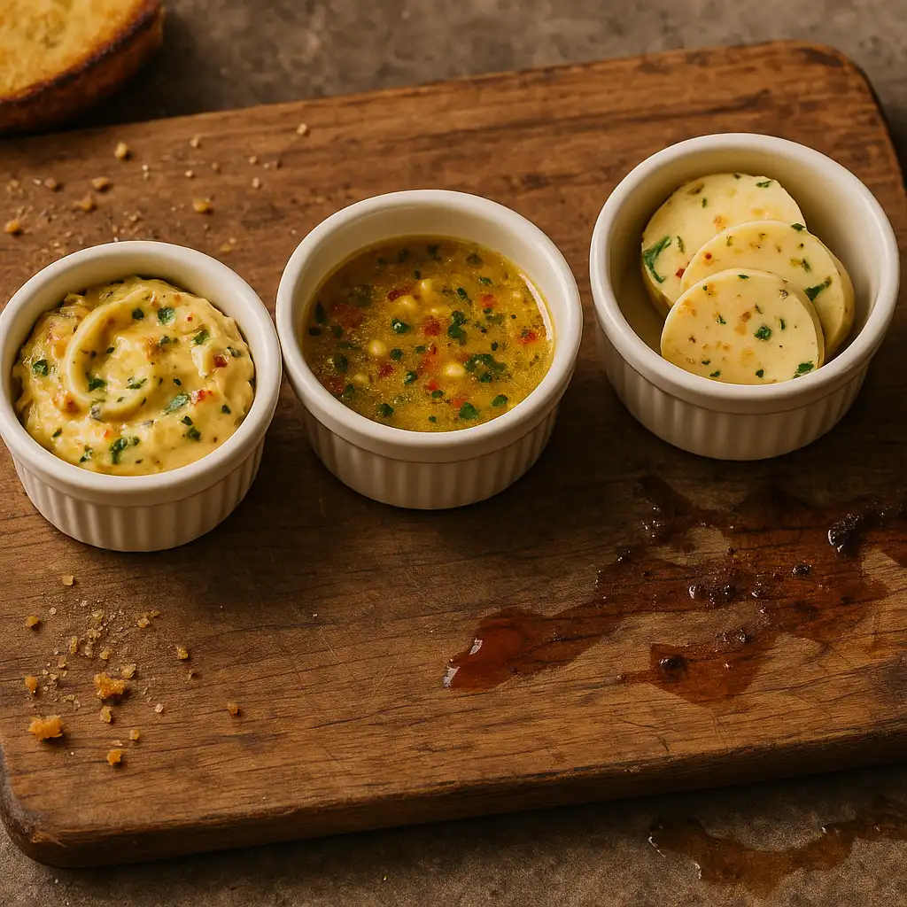 Three types of cowboy butter shown: softened, melted, and chilled in log-form on rustic tray – garlic butter for steak, veggies, bread