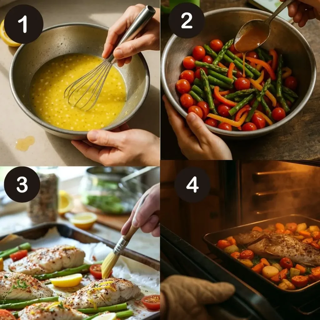 Step-by-step preparation of a baked rockfish recipe including whisking lemon butter sauce, tossing fresh vegetables, brushing the sauce onto rockfish fillets, and baking everything together on a sheet pan in the oven