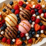 Ice cream nachos with waffle cone chips, scoops of vanilla, chocolate, and strawberry ice cream, topped with sprinkles, sauces, and fruit on a white platter.