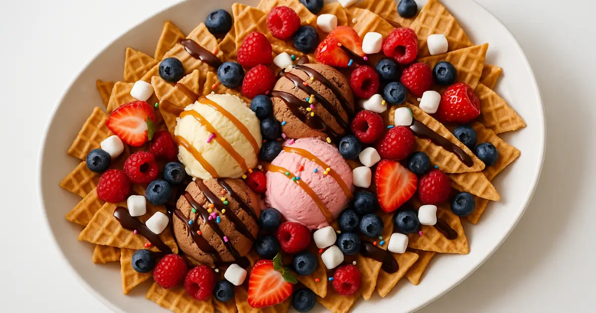 Ice cream nachos with waffle cone chips, scoops of vanilla, chocolate, and strawberry ice cream, topped with sprinkles, sauces, and fruit on a white platter.