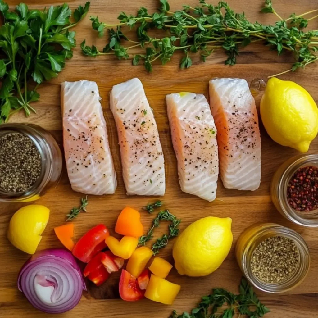 All ingredients for a baked rockfish recipe including fish fillets, lemon, herbs, and vegetables on a kitchen table