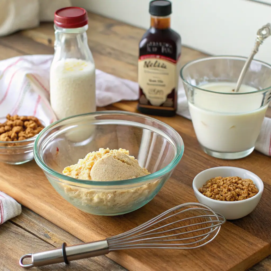 Ingredients for homemade Grape Nut Ice Cream recipe on a wooden surface, including cereal, milk, vanilla extract, and cream a simple setup for Caribbean ice cream or no egg ice cream recipes.