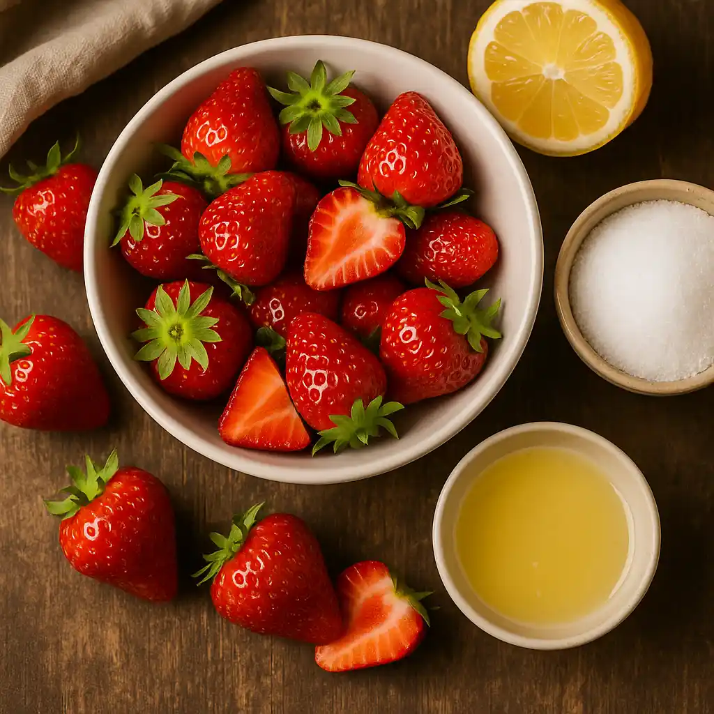 Ingredients for a strawberry preserves recipe including fresh strawberries, sugar, lemon, and a jar on a rustic surface