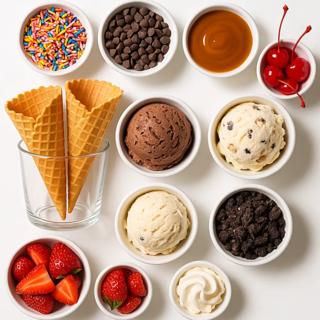 Ingredients for ice cream nachos including broken waffle cone chips, scoops of chocolate, vanilla, and cookie dough ice cream, and assorted dessert toppings like sprinkles, caramel sauce, berries, whipped cream, and crushed cookies arranged in small bowls.