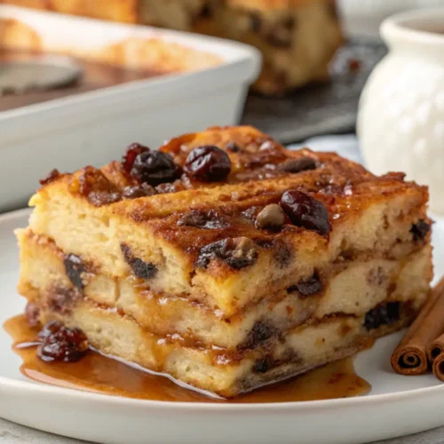 A close-up of authentic Mexican Capirotada bread pudding with layers of bolillo bread, melted cheese, golden raisins, and piloncillo syrup. Surrounded by cinnamon and cloves, this traditional Lenten dessert embodies nostalgic Mexican flavors and heritage.