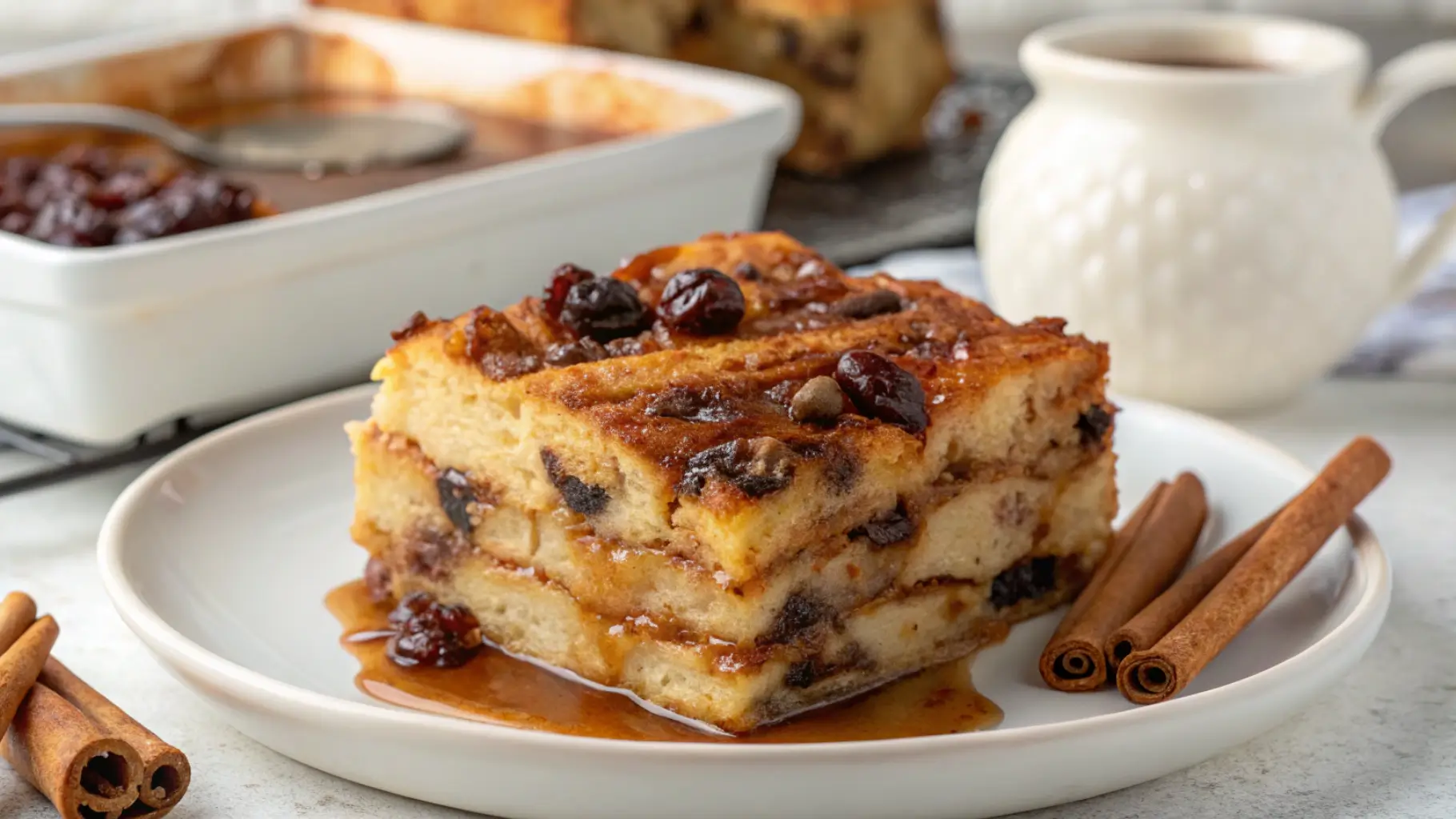 A close-up of authentic Mexican Capirotada bread pudding with layers of bolillo bread, melted cheese, golden raisins, and piloncillo syrup. Surrounded by cinnamon and cloves, this traditional Lenten dessert embodies nostalgic Mexican flavors and heritage.