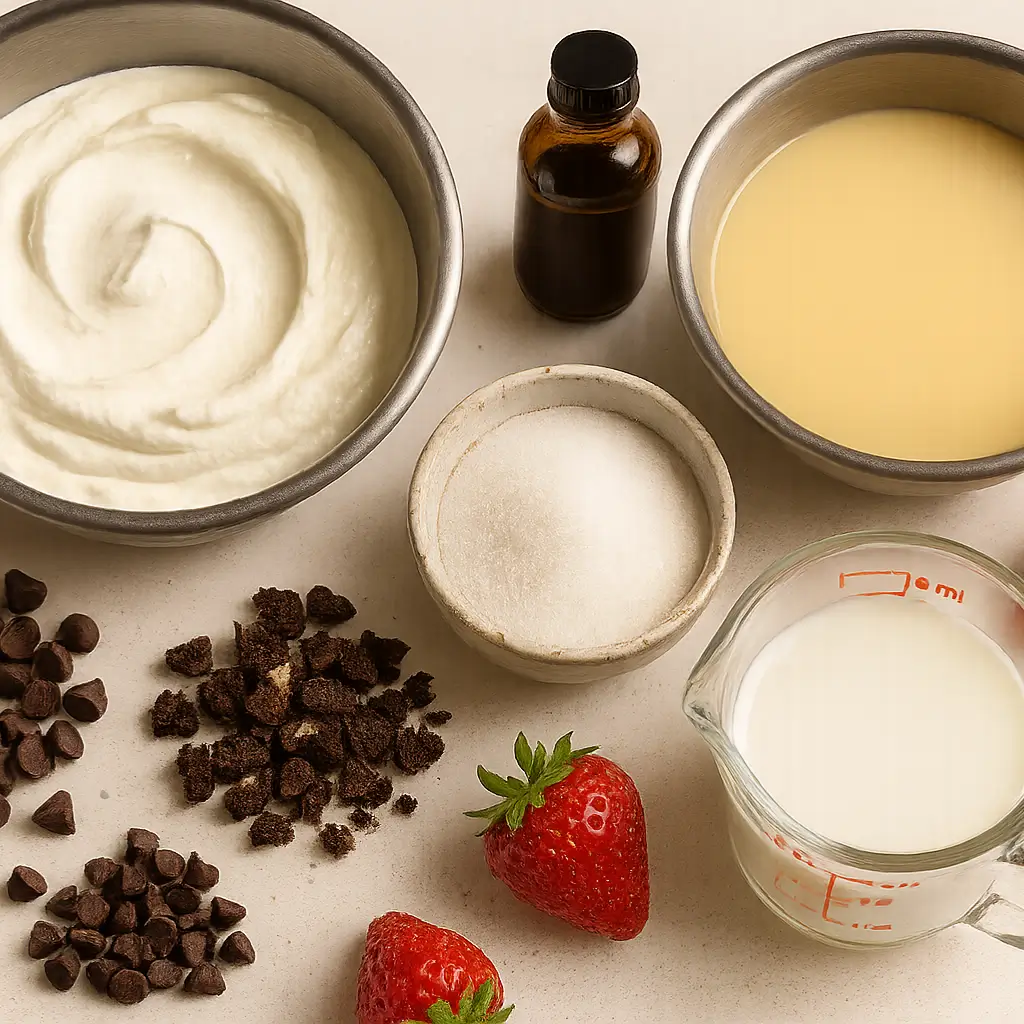 Ingredients for no-churn ice cream recipe without an ice cream maker, including sweetened condensed milk, heavy cream, sugar, vanilla, and optional mix-ins like chocolate chips and strawberries — perfect for a two-ingredient ice cream or blender ice cream recipe.