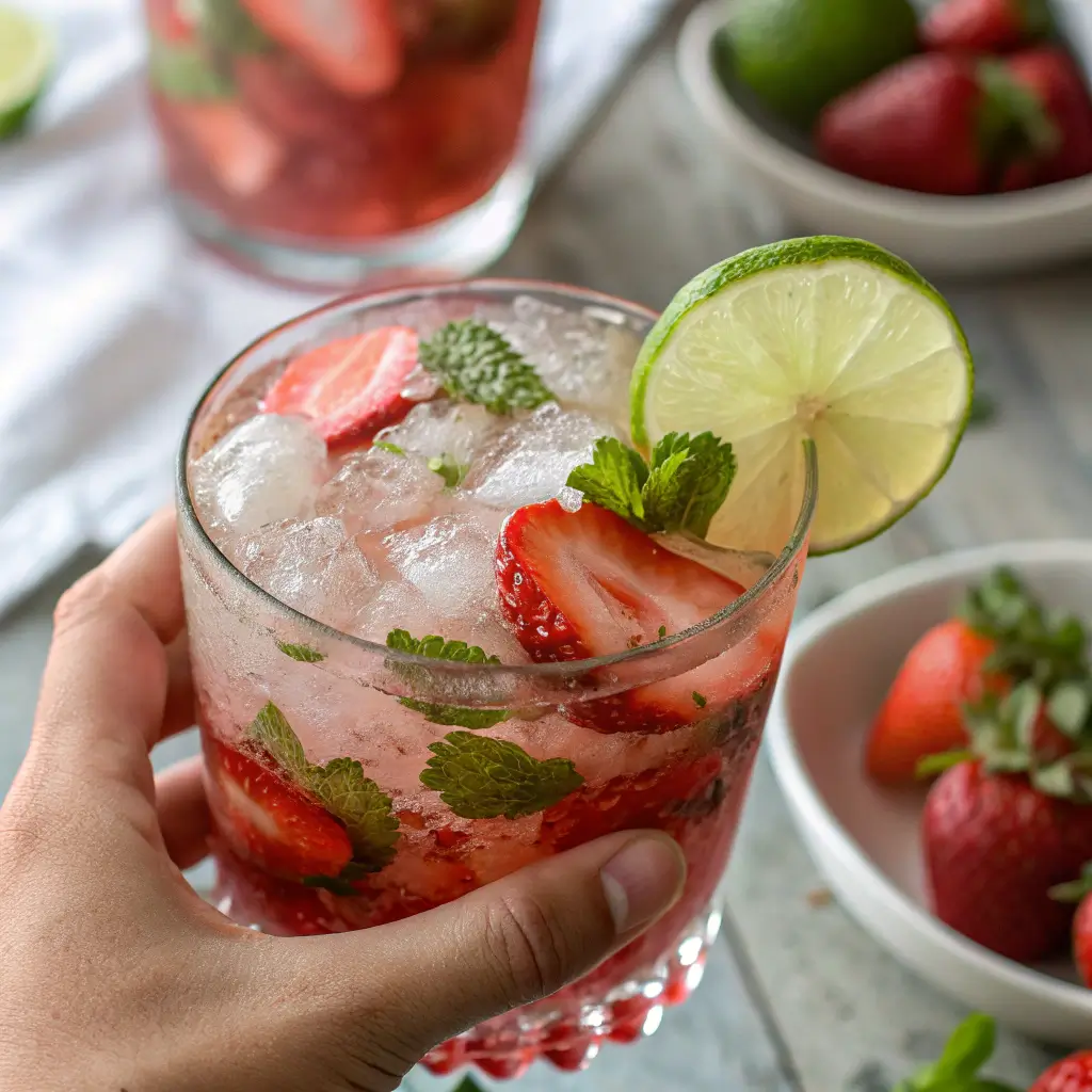 Serving a fresh Strawberry Mojito in a clear glass with mint, lime, and strawberries
