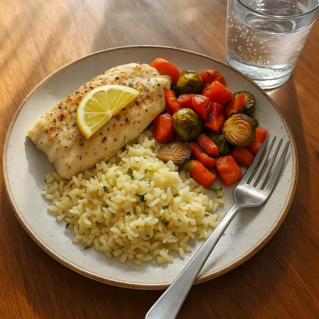Plated baked rockfish recipe with sides like lemon pasta and vegetables in natural light