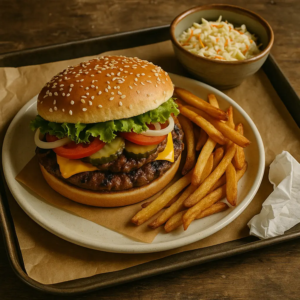 Burger king Whopper on a wide plate with homemade fries and coleslaw in mismatched bowls, burger slightly askew, napkin crumpled beside, paper-lined tray underneath