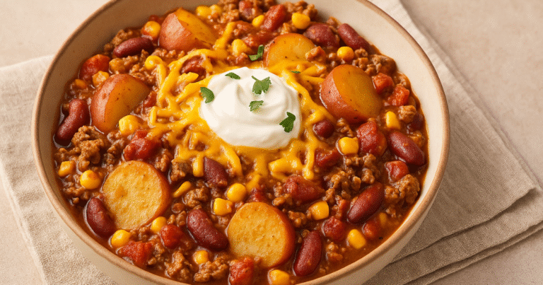 Ultimate Slow-Cooker Cowboy Casserole Recipe A hearty slow-cooker cowboy casserole topped with sour cream and cheese in a ceramic bowl.