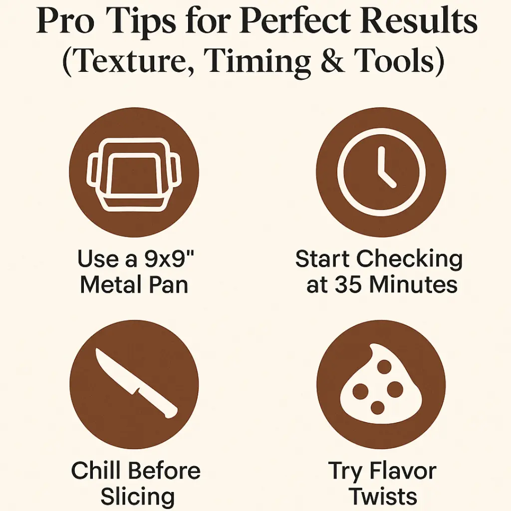 Slutty brownies tips graphic with icons: metal pan, baking time, chill before slicing, and flavor twists—perfect for gooey cookie Oreo brownie results.
