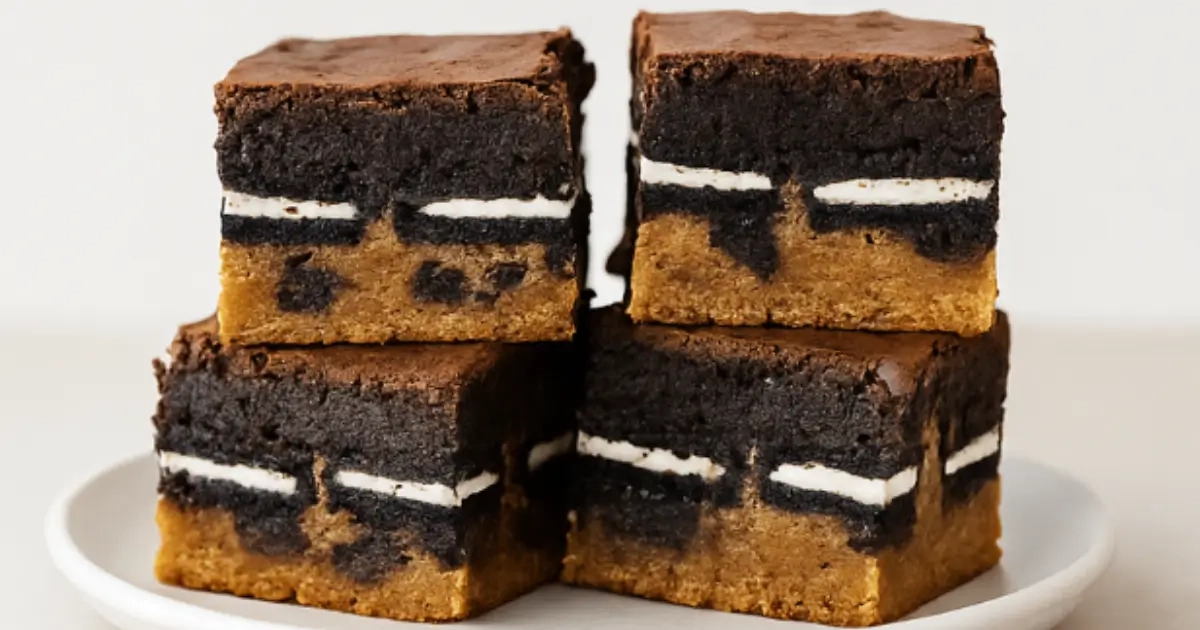 Stacked slutty brownies with layers of chocolate chip cookie dough, whole Oreos, and rich brownie topping on a white plate.