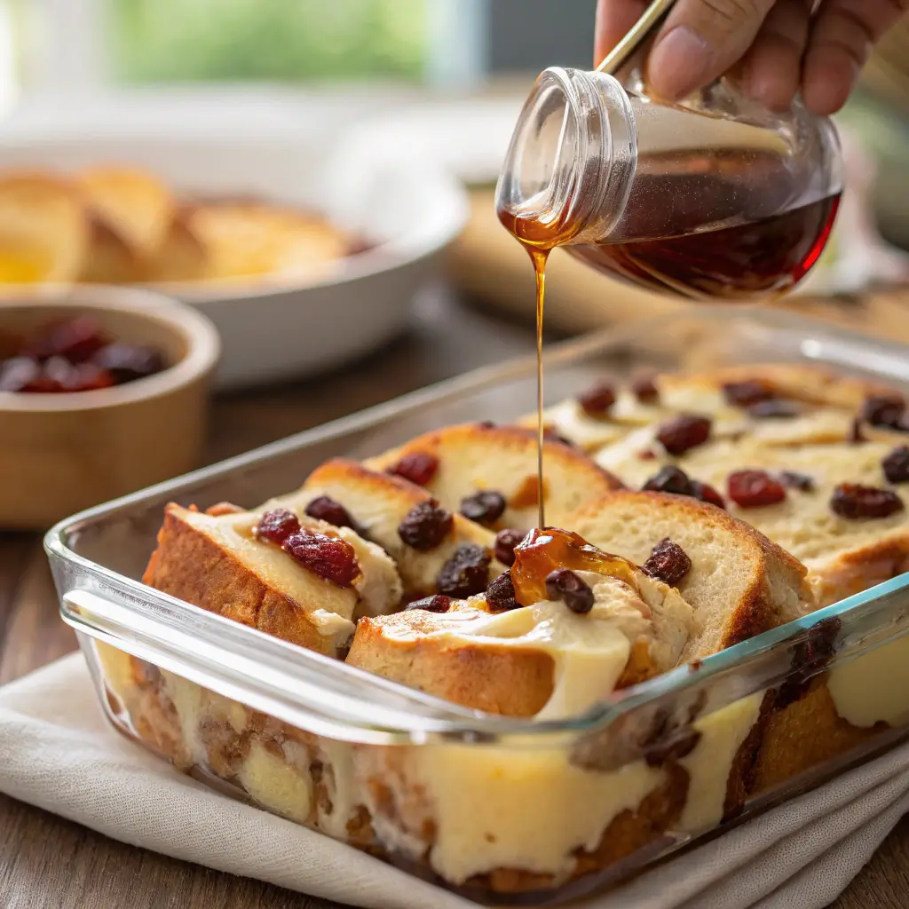 Step-by-step preparation of Capirotada, showing layered bolillo bread, cheese, raisins, and piloncillo syrup in a baking dish. A comforting and traditional Mexican bread pudding made during Lent.