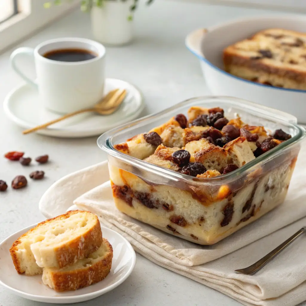 Leftover Capirotada stored in a glass container with a served slice on a plate beside coffee. A visual guide to storing and enjoying Mexican bread pudding cold or reheated.